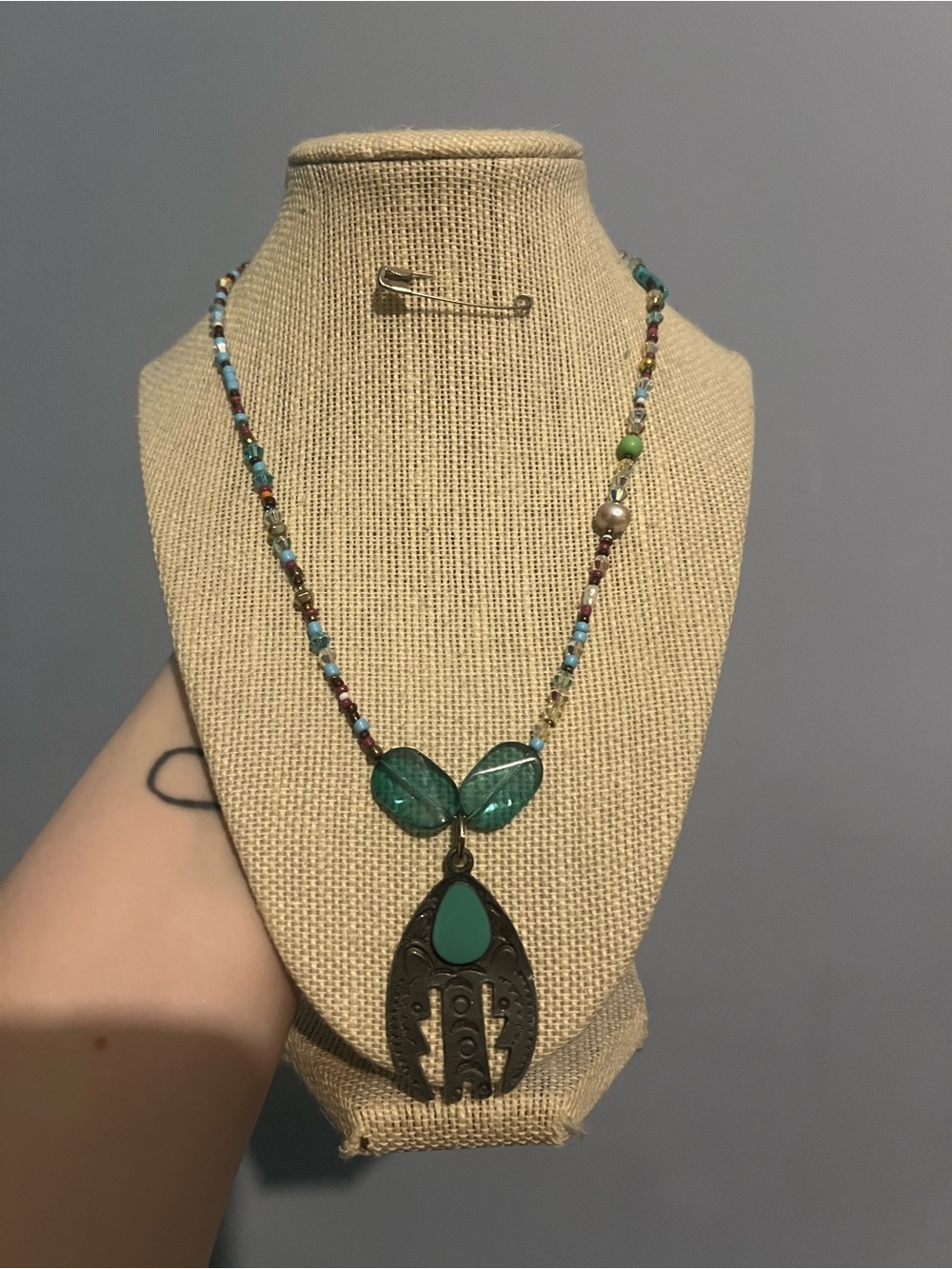 #2. Handmade Boho Green Statement Pendant Necklace